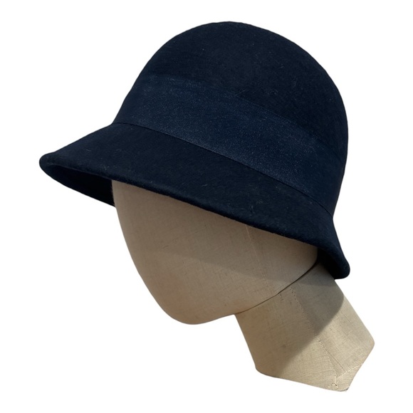 90s WOOL FELT NAVY CLOCHE HAT W GROSGRAIN RIBBON & NAVY BUCKLE RETRO WHMISY 8" - Picture 5 of 7